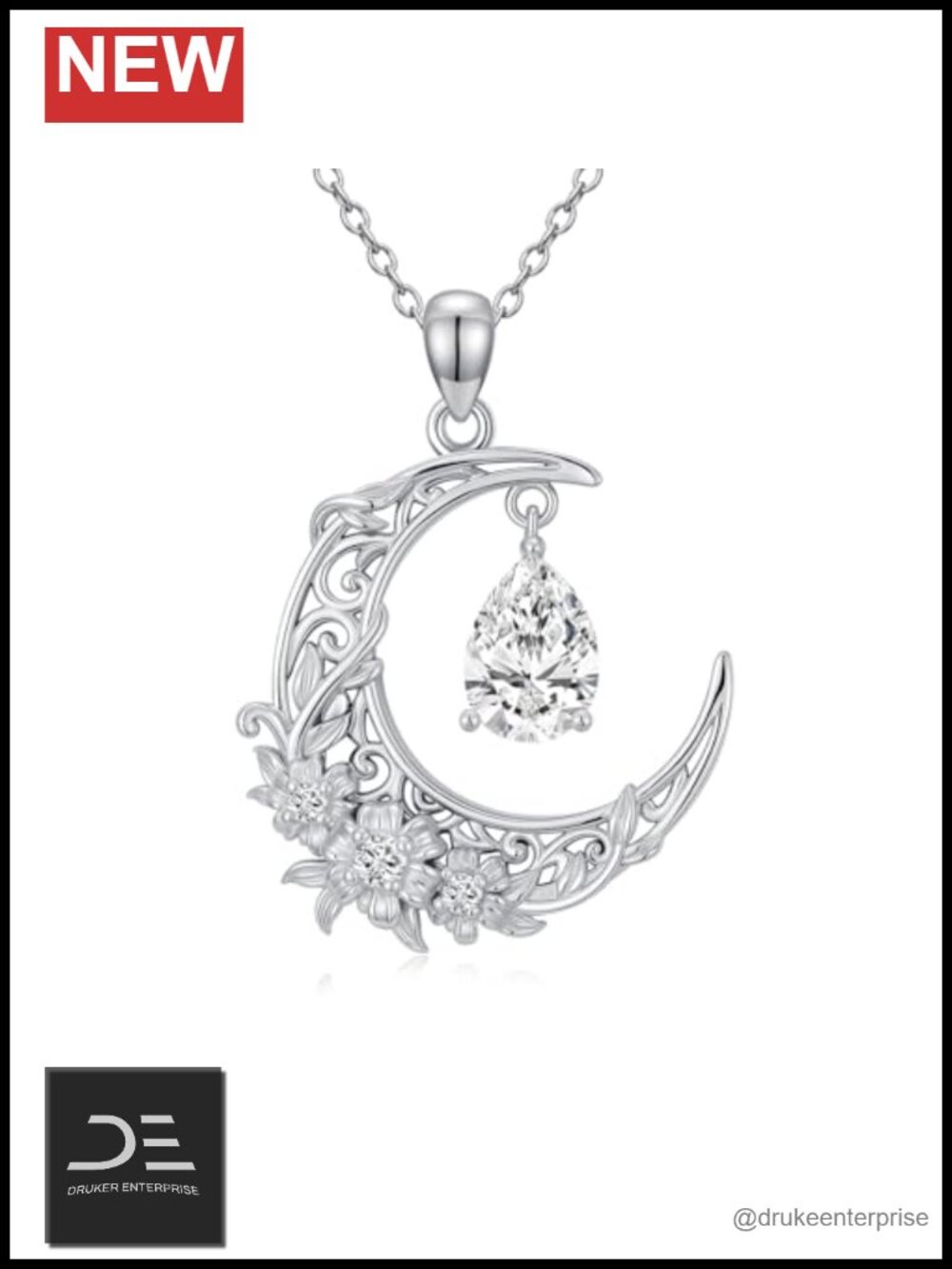 Dainty Moon Pendant Necklace with Moissanite, 925 Sterling Silver, Adjustable,